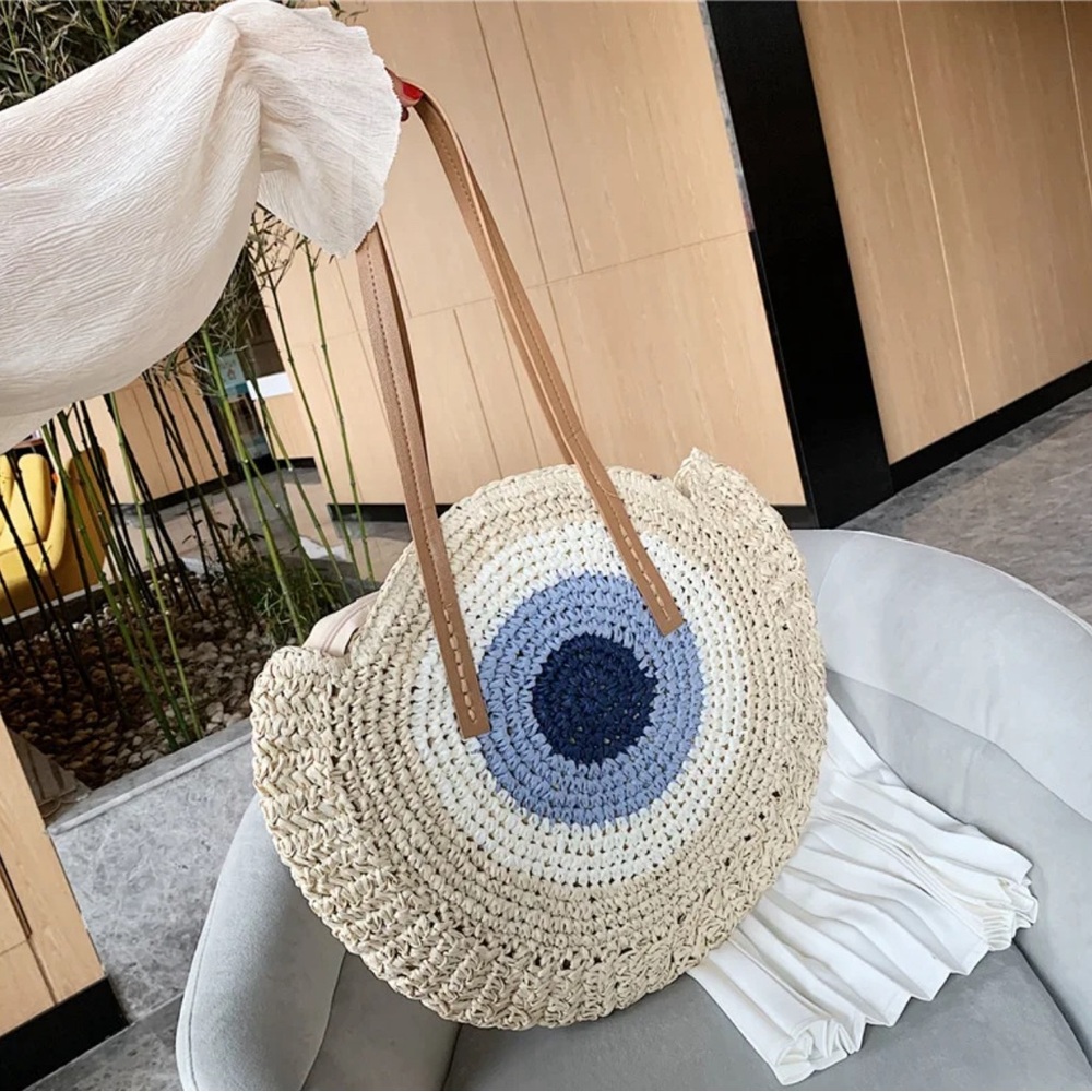 Handmade Women Evil Eye Beige Large Capacity Round Straw Shoulder Bag